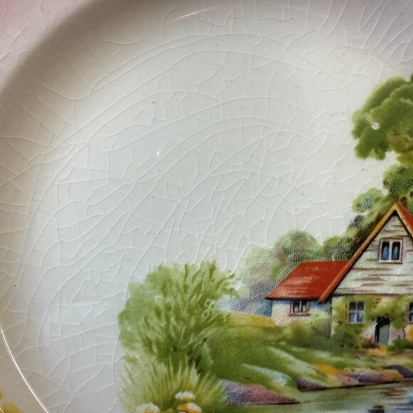 Pair of Vintage Royal Winton Grimwades Pink‎ Cottage Scene Square Plates England - Picture 8 of 9